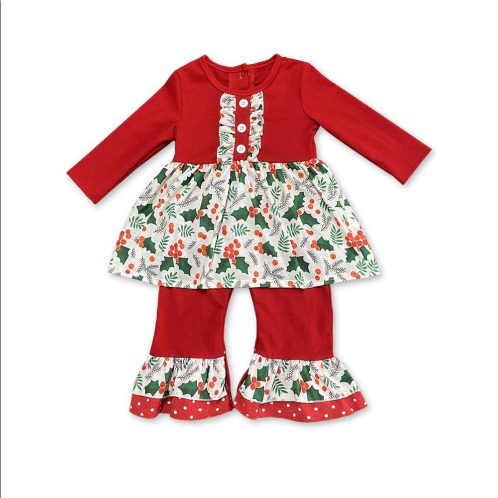 Girls Christmas Holly 2 piece Ruffle Outfit Set size 4t